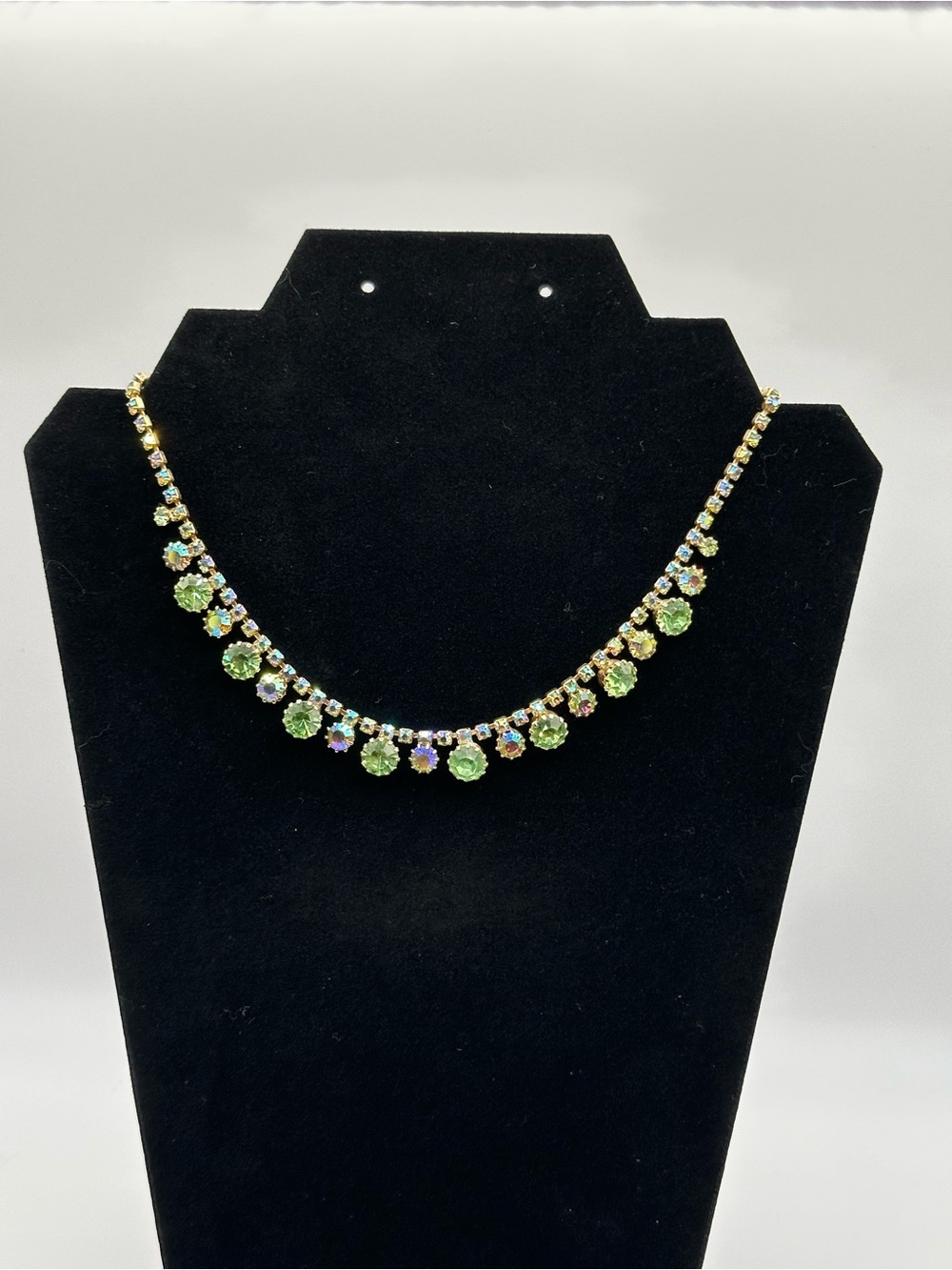 Vintage Weiss Statement Necklace Green Rhinestones Gold Tone Signed